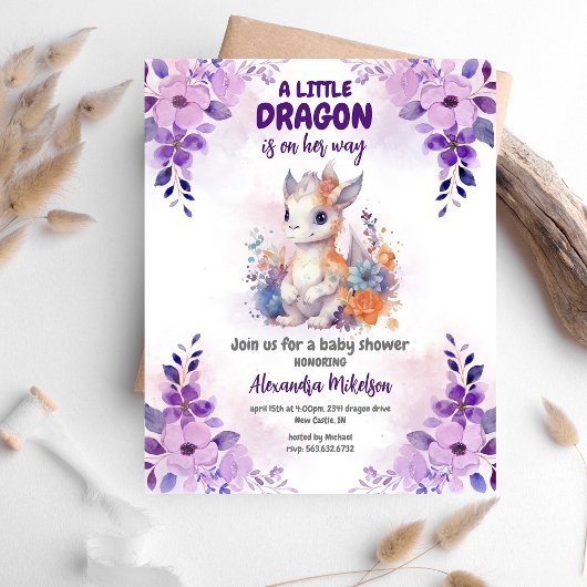 Budget Paarse Waterverf Dragon Baby shower Flyer