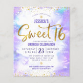 Budget Paarse Waterverf Sweet 16 Gold Invitation (Voorkant)