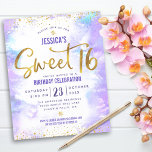 Budget Paarse Waterverf Sweet 16 Gold Invitation<br><div class="desc">"Happy Sweet 16". Verstuur deze verbluffende, dunne, dunne, feestelijke, moderne, gepersonaliseerde uitnodiging van een aangepaste budgetpartij voor een evenement dat u zich herinnert. De folie van de gouden faux en de zeer kleine confetti glitter stippen en de typografische manuscriptbekleding leggen een zachte paarse achtergrond van de waterverf. Pas de douanetekst...</div>