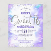 Budget Paarse Waterverf Sweet 16 Silver Invite (Voorkant)