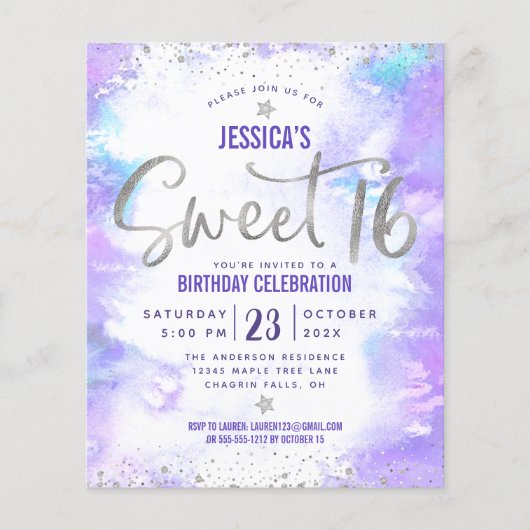 Budget Paarse Waterverf Sweet 16 Silver Invite (Voorkant)