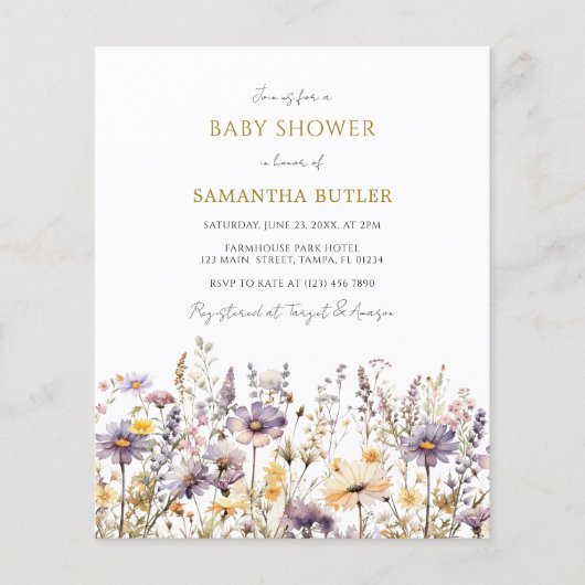 Budget Paarse Wildbloemen Baby shower Uitnodiging (Voorkant)