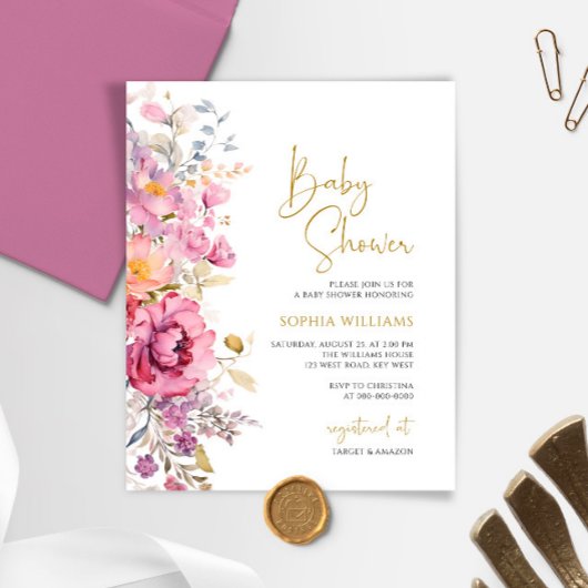 Budget Paarse Wildbloemen Baby shower Uitnodiging