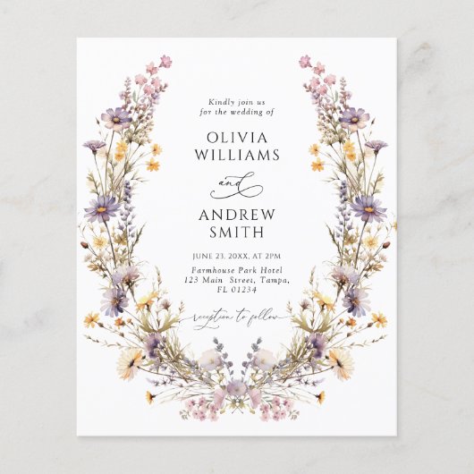 Budget Paarse Wildbloemen bruiloft uitnodiging (Voorkant)