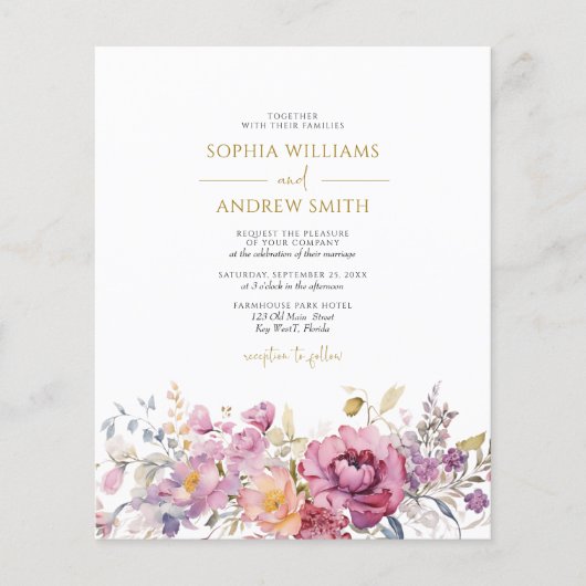 Budget Paarse Wildbloemen bruiloft uitnodiging (Voorkant)