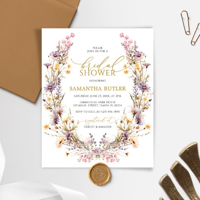 Budget Paarse Wilde Bloemen Bruidsdouche Uitnodigi (Creator heeft geüpload)