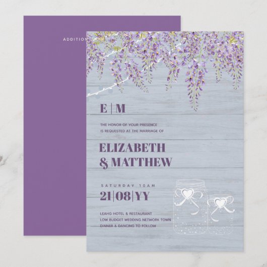 Budget Paarse Wisteria Dusty Blue Wedding Kaart (Voorkant / Achterkant)