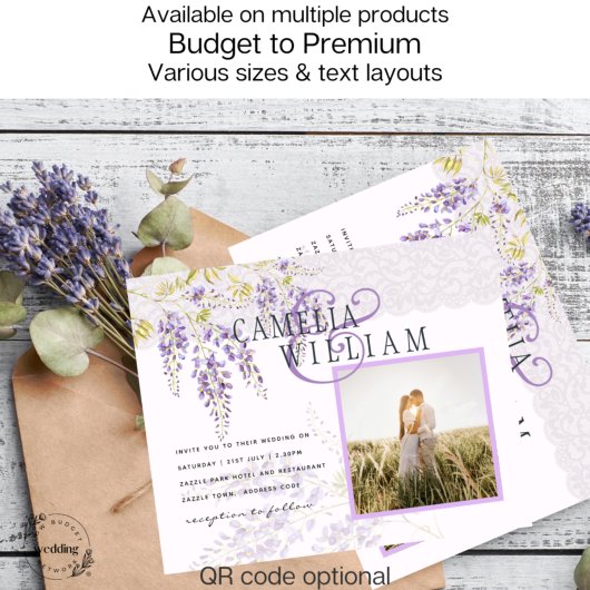 BUDGET Paarse Wisteria PHOTO Weddenschap Invite Flyer