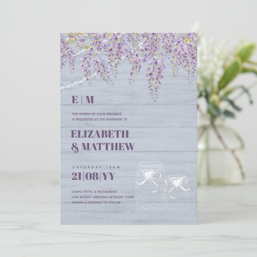 Budget Paarse Wisteria Stof Blauwe Bruiloft Kaart (Staand voorkant)