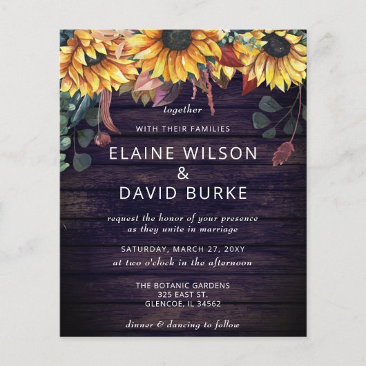 Budget Paarse Wood Sunflower Weduwuitnodiging (Voorkant)