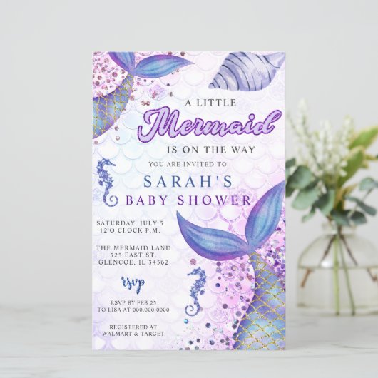 Budget Paarse Zeemeermin Baby shower Invitation (Staand voorkant)