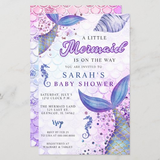 Budget Paarse Zeemeermin Baby shower Invitation (Voorkant / Achterkant)