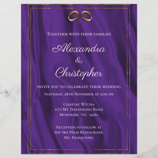 Budget Paarse Zijde en Gouden Ringen Bruiloft uitn Flyer (Voorkant)