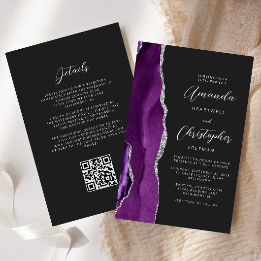 Budget Paarse zilveren agaat Dark QR Code Wedding