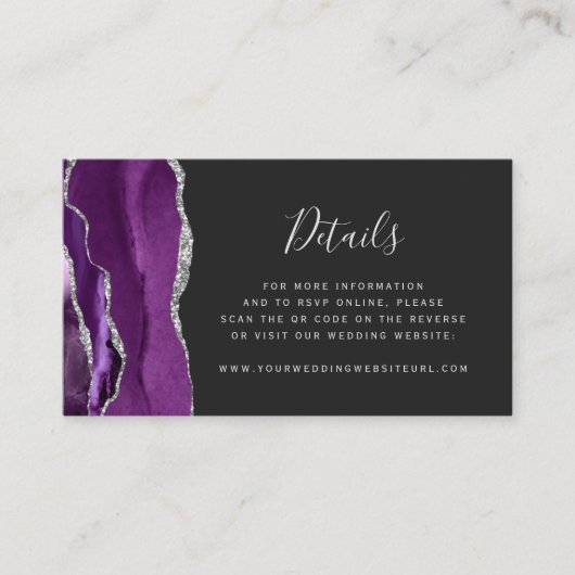 Budget Paarse zilveren agaat Dark Wedding QR-code Informatiekaartje (Voorkant)