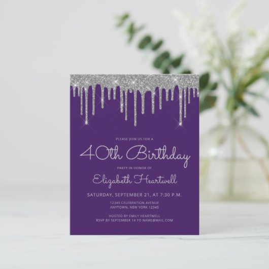 Budget Paarse Zilveren Glitter 40e Verjaardagsfees (Staand voorkant)