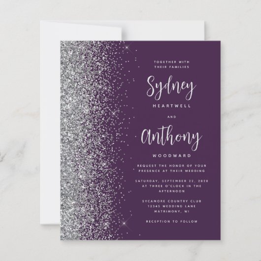 Budget Paarse Zilveren Glitter Calligrafie Wedding (Voorkant)