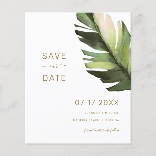 Budget Palm Leaf Tropical Save The Date Kaart (Voorkant)