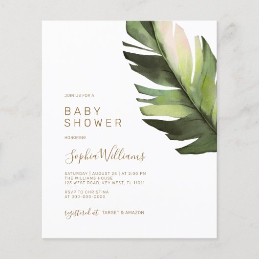 Budget Palm Leaf Tropisch Baby shower Invitation (Voorkant)