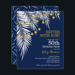 Budget Palm on Navy Blue 50th Birthday Invitations<br><div class="desc">Deze voordelige uitnodigingen voor verjaardagsfeestjes voor elke leeftijdsklasse zijn gedrukt op drie papierformaten van heldere witte halve gloeilamp van 110 lbs. (We raden u niet aan het satin 80 lb-papier te gebruiken, omdat het dunne is en meer lijkt op een magazinepagina, niet op een uitnodiging.) **Witte enveloppen zijn optioneel en...</div>