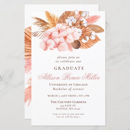 Budget Pampas Blush Graduparty Uitnodiging (Voorkant / Achterkant)