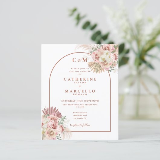 Budget Pampas Gras Monogram Foto Trouw Uitnodiging (Staand voorkant)