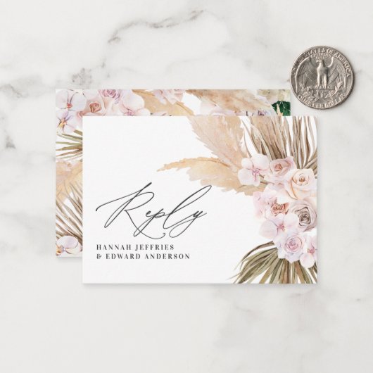 budget pampas gras natuurlijke roze bruiloft RSVP Notitiekaartje (Voorkant / Achterkant in situ)