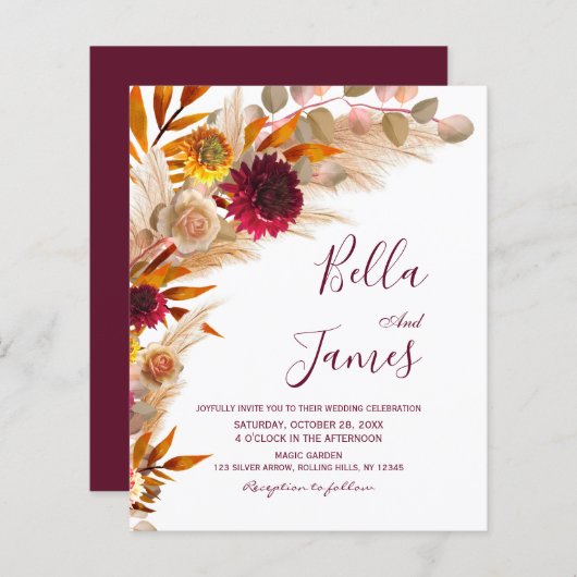 Budget Pampas Grass Floral Boho Wedding Invite (Voorkant / Achterkant)