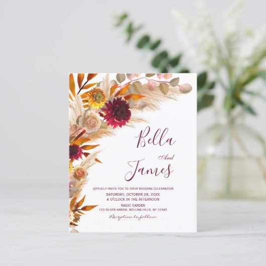 Budget Pampas Grass Floral Boho Wedding Invite (Staand voorkant)