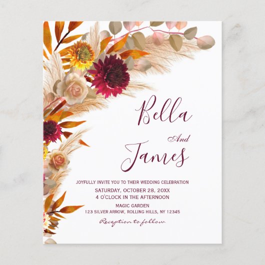 Budget Pampas Grass Floral Boho Wedding Invite (Voorkant)