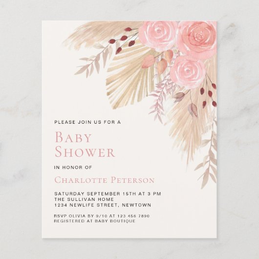 Budget Pampas Grass Girl's Baby shower Uitnodiging (Voorkant)