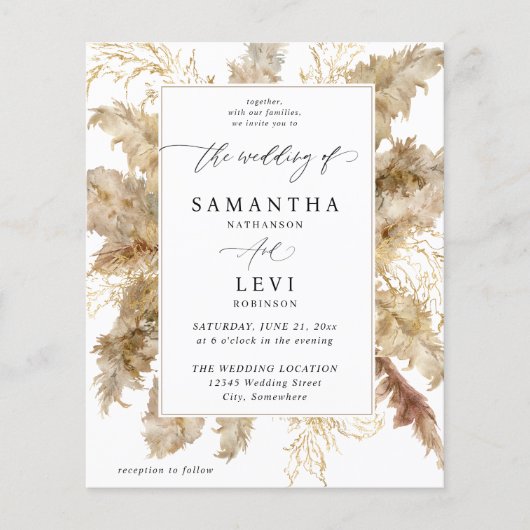 Budget Pampas Grass & Gold Boho Wedding Flyer (Voorkant)