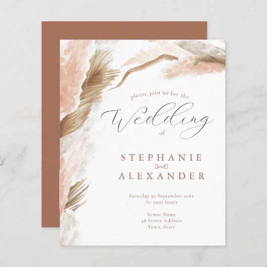 Budget Pampas Grass Terracotta QR Wedding Invite (Voorkant / Achterkant)
