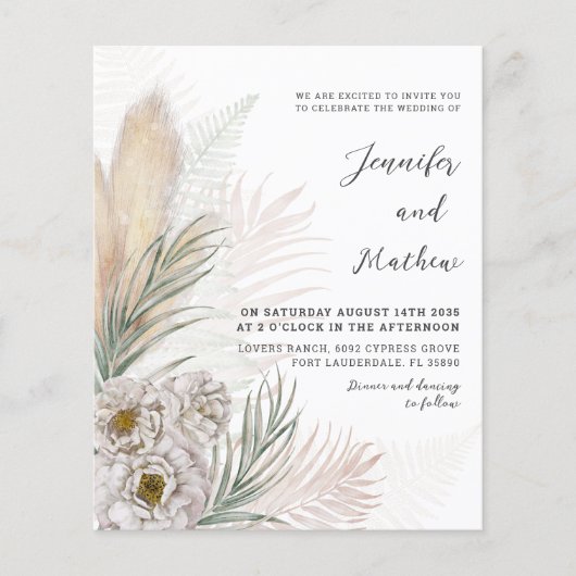 Budget Pampas & White Floral Wedding Invitation (Voorkant)