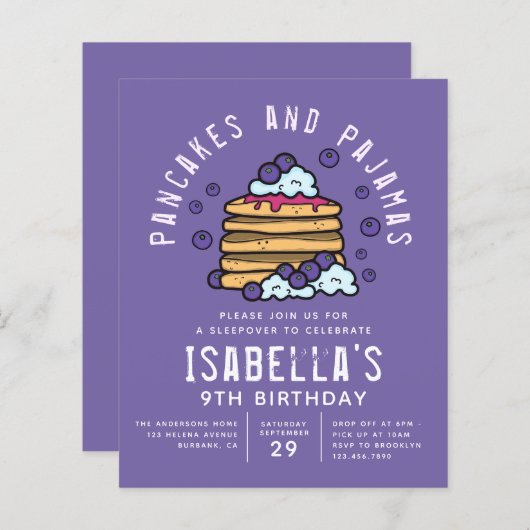 Budget Pancakes en Pajamas Sleepover Invitation (Voorkant / Achterkant)
