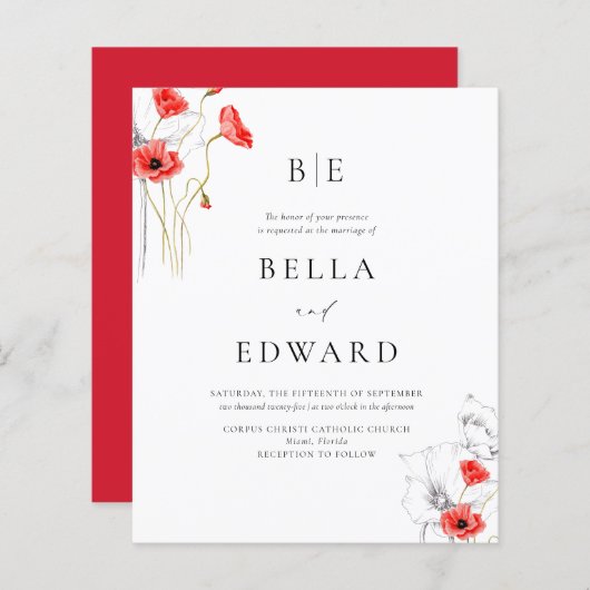 Budget papaver rode chique bloemen monogram bruilo (Voorkant / Achterkant)