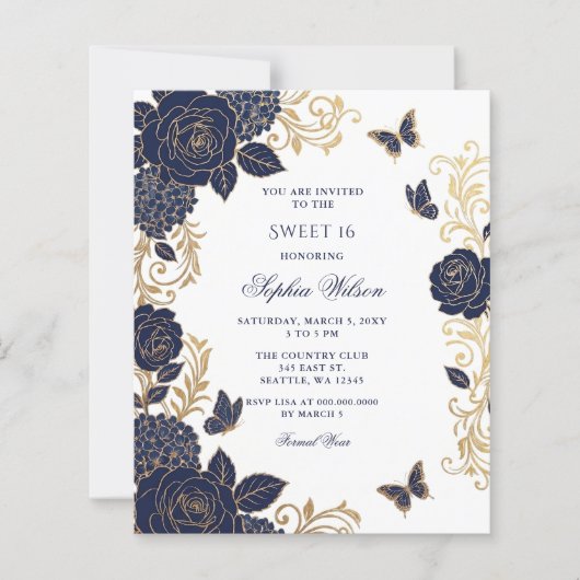 Budget Papier Navy Goud Bloem Vlinder Sweet 16 (Voorkant)