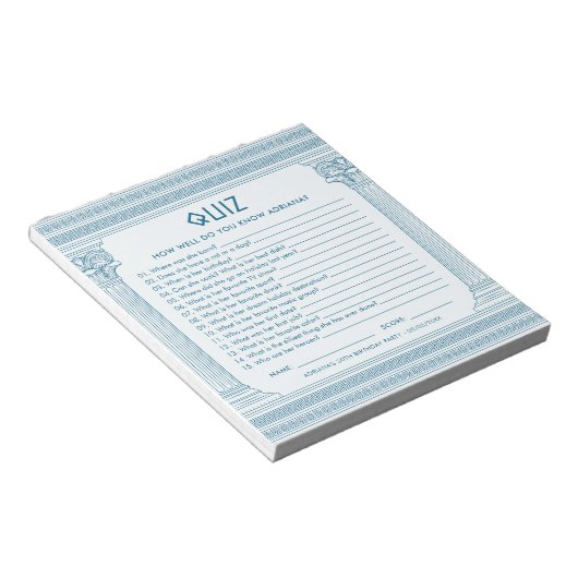 Budget party quiz met Griekse tempel in het blauw Notitieblok (Schuin)