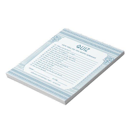 Budget party quiz met Griekse tempel in het blauw Notitieblok (Linkerzijde)