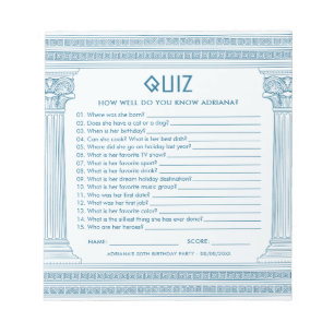 Budget party quiz met Griekse tempel in het blauw Notitieblok