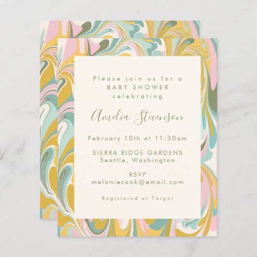 Budget Pastel Abstract marmer Baby shower Uitnodig (Voorkant / Achterkant)