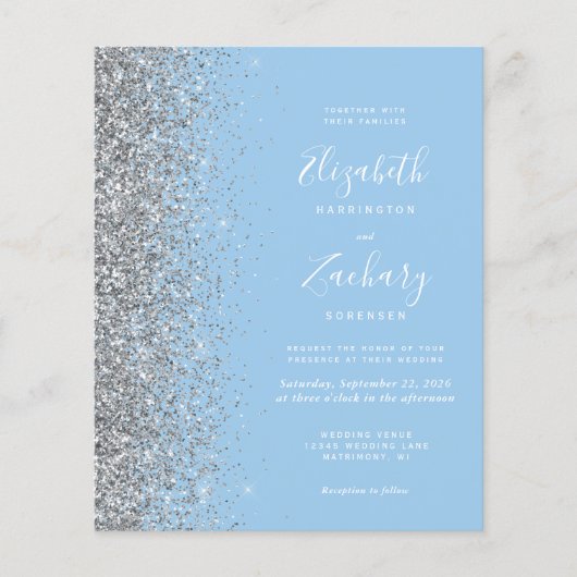 Budget Pastel Baby Blue Silver Glitter Weddenschap (Voorkant)