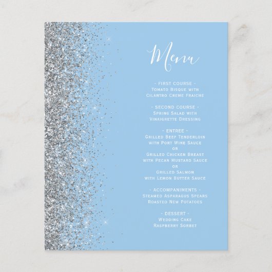 Budget Pastel Blauw Zilver Glitter Bruiloft Menu (Voorkant)