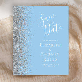 Budget Pastel Blauw Zilver Glitter Save the Date