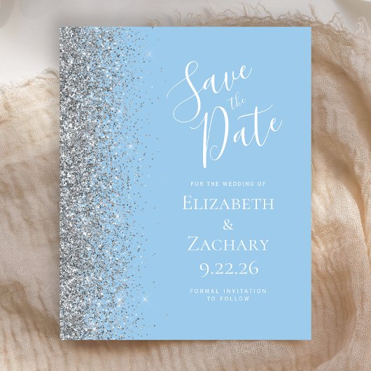 Budget Pastel Blauw Zilver Glitter Save the Date