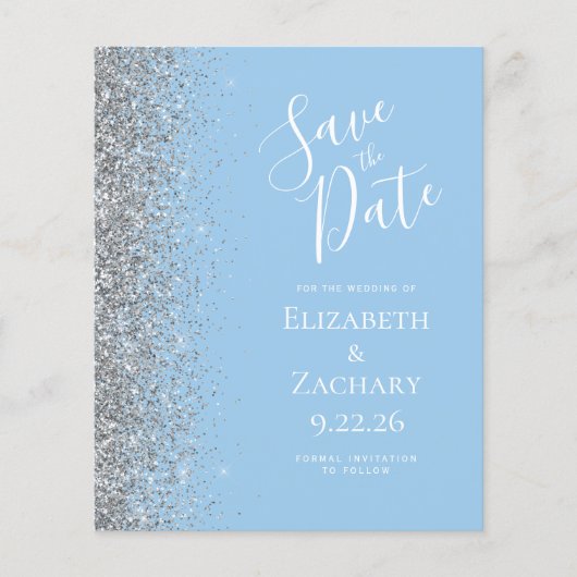 Budget Pastel Blauw Zilver Glitter Save the Date (Voorkant)