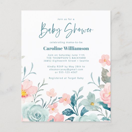 Budget Pastel Blauwgroen Pink Floral Baby shower U (Voorkant)