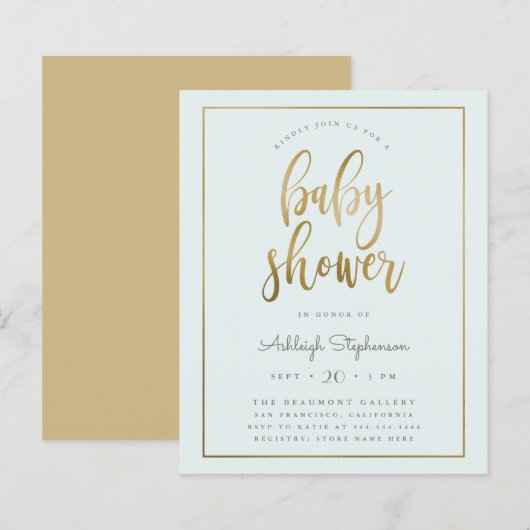 Budget Pastel Blue Gold Typography Boy Baby shower (Voorkant / Achterkant)