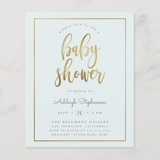 Budget Pastel Blue Gold Typography Boy Baby shower (Voorkant)