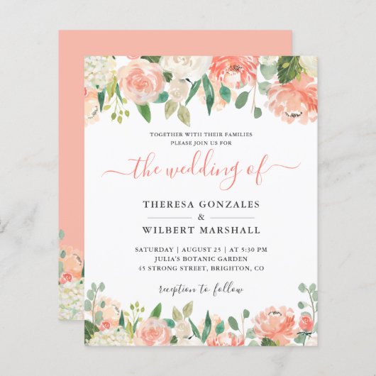 Budget Pastel Coral and Peach Wedding Invitation (Voorkant / Achterkant)